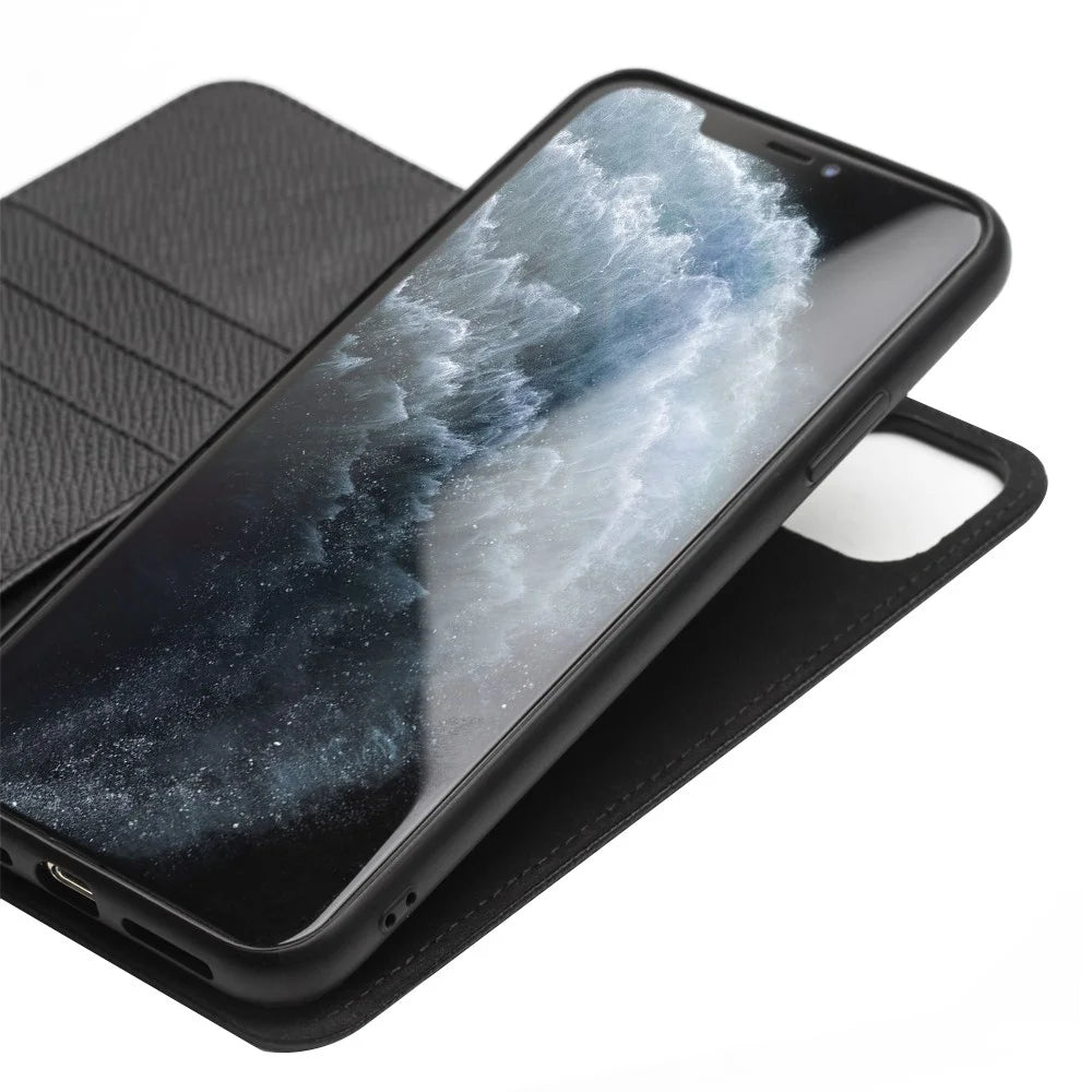 QIALINO for Apple iPhone 11 Pro 5.8 inch Cross Texture Genuine Leather Wallet Detachable 2 in 1 Phone Cover - Black - 4