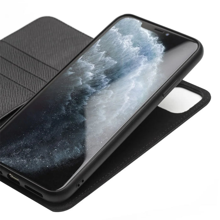QIALINO for Apple iPhone 11 Pro 5.8 inch Cross Texture Genuine Leather Wallet Detachable 2 in 1 Phone Cover - Black - 4