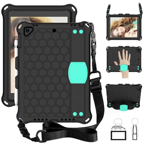 Shockproof Honeycomb Texture Anti-scratch EVA Tablet Cover with Shoulder Strap for Apple iPad 9.7-inch (2018)/(2017) / Air 2 / Air (2013) - Black/Cyan - 1