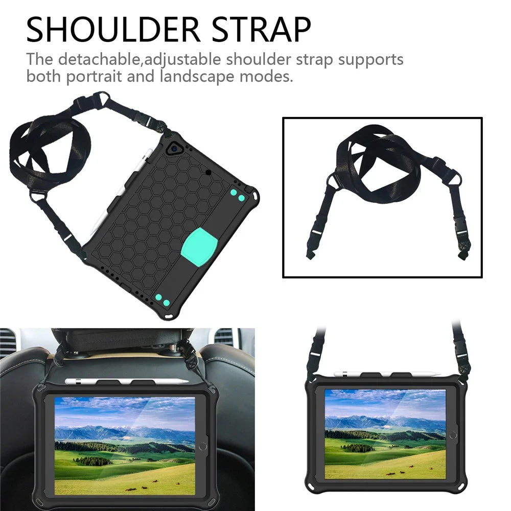 Shockproof Honeycomb Texture Anti-scratch EVA Tablet Cover with Shoulder Strap for Apple iPad 9.7-inch (2018)/(2017) / Air 2 / Air (2013) - Black/Cyan - 5