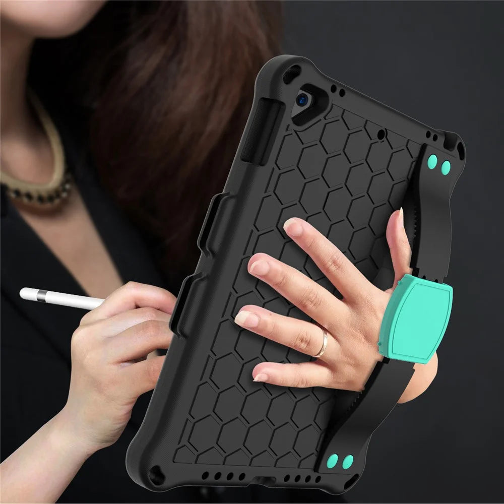 Shockproof Honeycomb Texture Anti-scratch EVA Tablet Cover with Shoulder Strap for Apple iPad 9.7-inch (2018)/(2017) / Air 2 / Air (2013) - Black/Cyan - 6