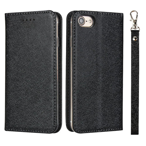 For iPhone 7 / 8 / SE (2020) / SE (2022) 4.7 inch Silk Texture Leather Wallet Stand Phone Case Cover - Black - 1