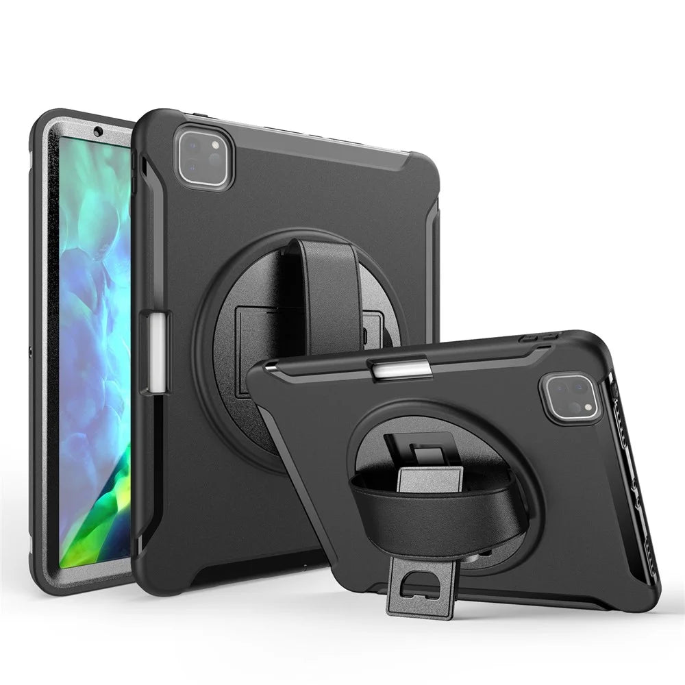 360° Swivel Kickstand PC + TPU Tablet Shell with Pen Slot and Hand Strap for iPad Pro 11 (2022) / (2021) / (2020) / Air (2020) / Air (2022) - Black - 1