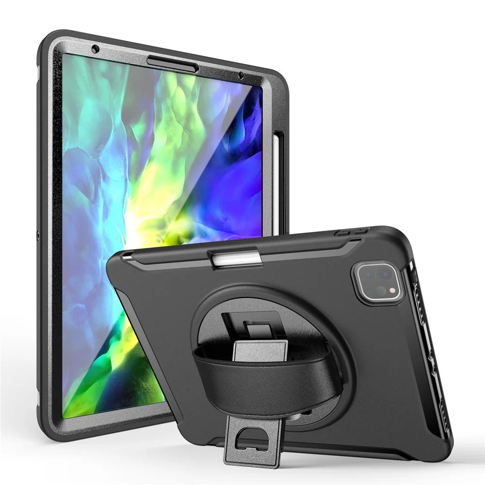 360° Swivel Kickstand PC + TPU Tablet Shell with Pen Slot and Hand Strap for iPad Pro 11 (2022) / (2021) / (2020) / Air (2020) / Air (2022) - Black - 2