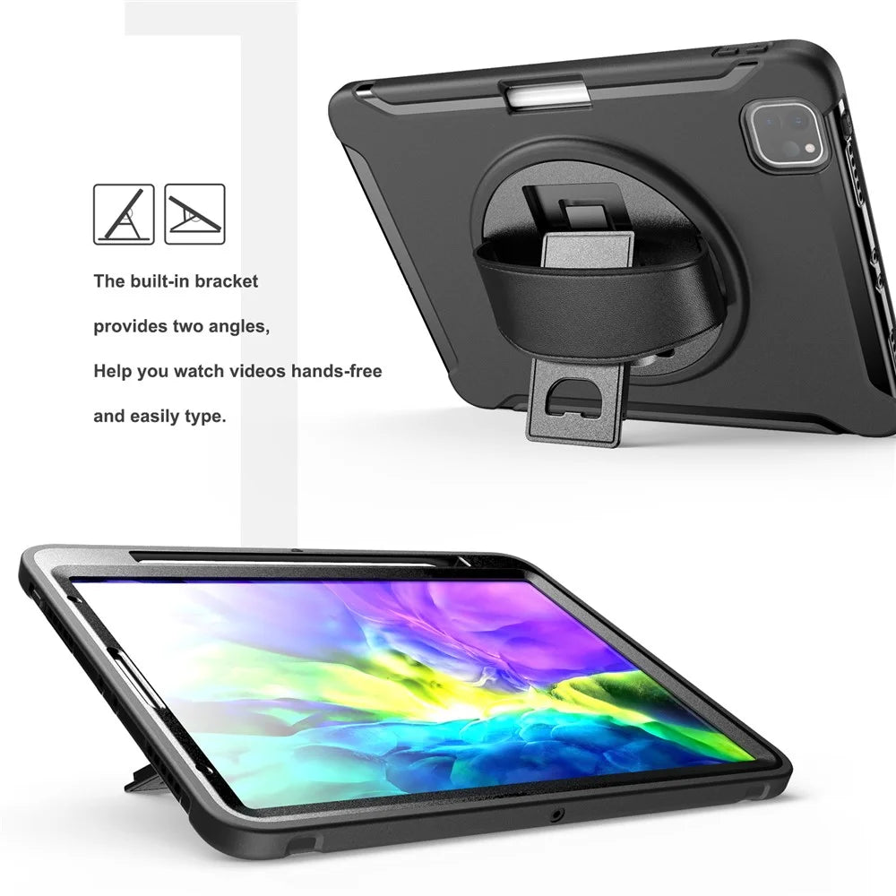 360° Swivel Kickstand PC + TPU Tablet Shell with Pen Slot and Hand Strap for iPad Pro 11 (2022) / (2021) / (2020) / Air (2020) / Air (2022) - Black - 6