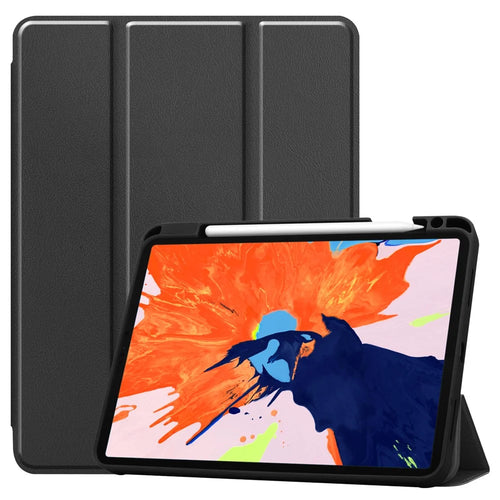 Business Tri-fold Stand PU Leather Soft TPU Back Auto Wake / Sleep Cover with Pencil Holder for iPad Pro 12.9 (2022) / (2021) / (2020) / (2018) - Black - 1