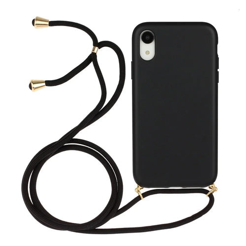 For iPhone XR 6.1 inch Biodegradable Wheat Straw Soft TPU Protective Phone Case with Multi-function Strap - Black - 1