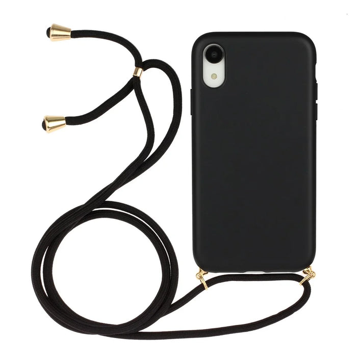 For iPhone XR 6.1 inch Biodegradable Wheat Straw Soft TPU Protective Phone Case with Multi-function Strap - Black - 1