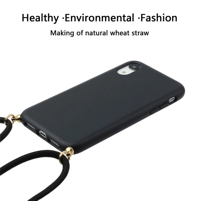 For iPhone XR 6.1 inch Biodegradable Wheat Straw Soft TPU Protective Phone Case with Multi-function Strap - Black - 2