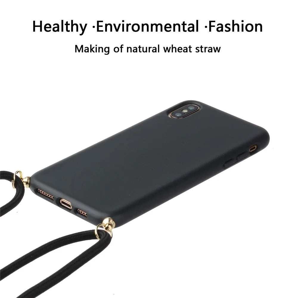 For iPhone X/XS 5.8 inch Biodegradable Wheat Straw Soft TPU Phone Shell with Multi-function Strap - Black - 2