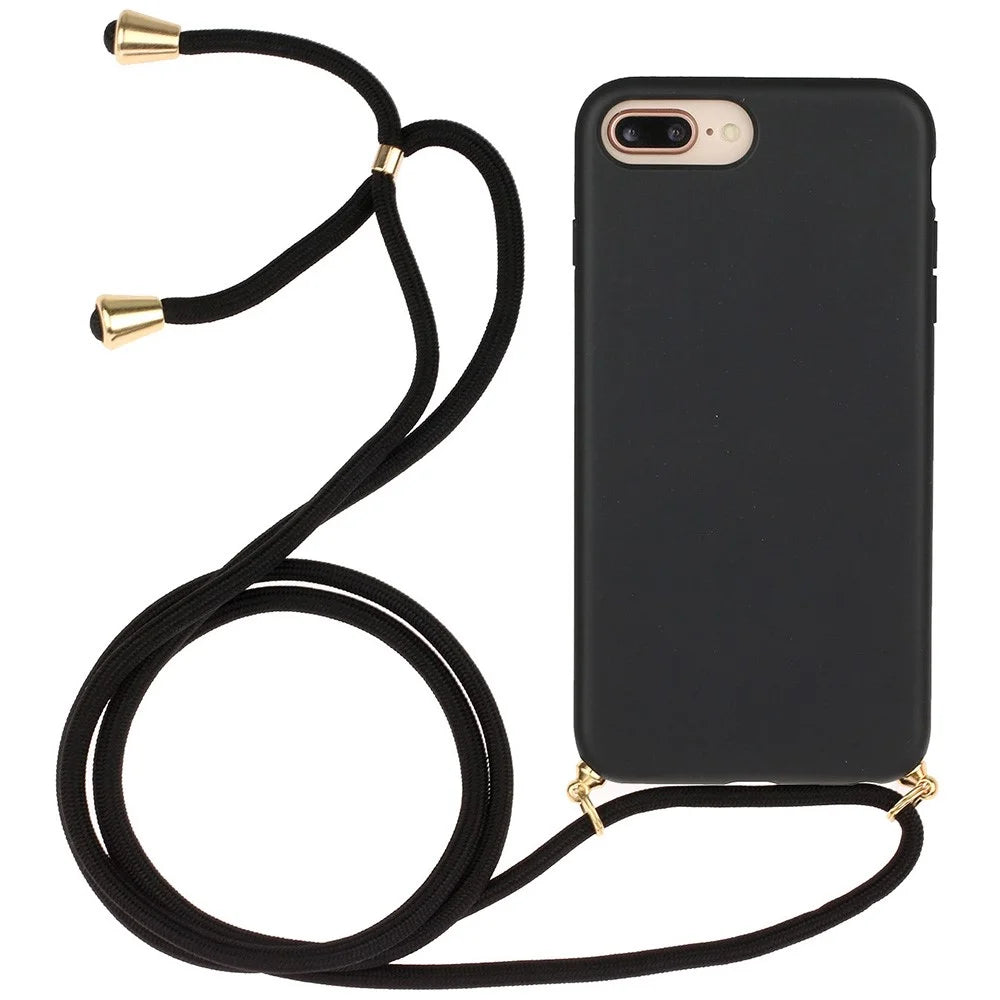 For iPhone 6 Plus/6s Plus/7 Plus/8 Plus 5.5-inch Natural Wheat Straw Soft TPU Phone Cover with Adjustable Strap - Black - 1