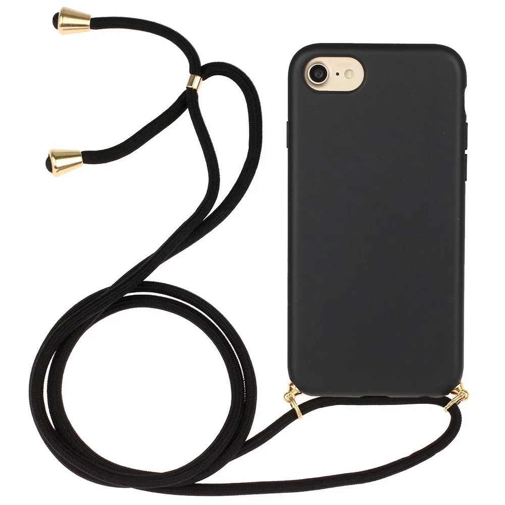 Soft Surface Phone Cover for iPhone 7 / 8 / SE (2020)/SE (2022) 4.7 inch, Wheat Straw + Flexible TPU Case with Lanyard Strap  - Black - 1