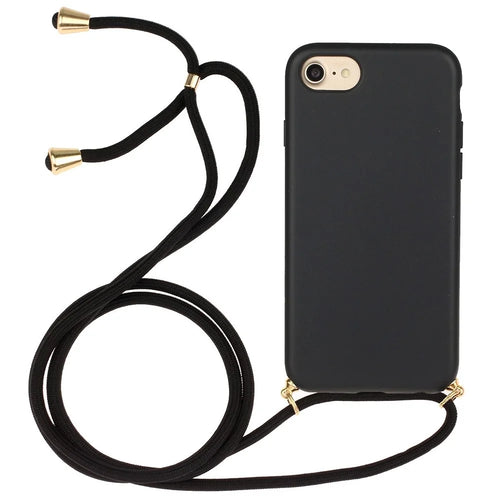 Soft Surface Phone Cover for iPhone 7 / 8 / SE (2020)/SE (2022) 4.7 inch, Wheat Straw + Flexible TPU Case with Lanyard Strap  - Black - 1