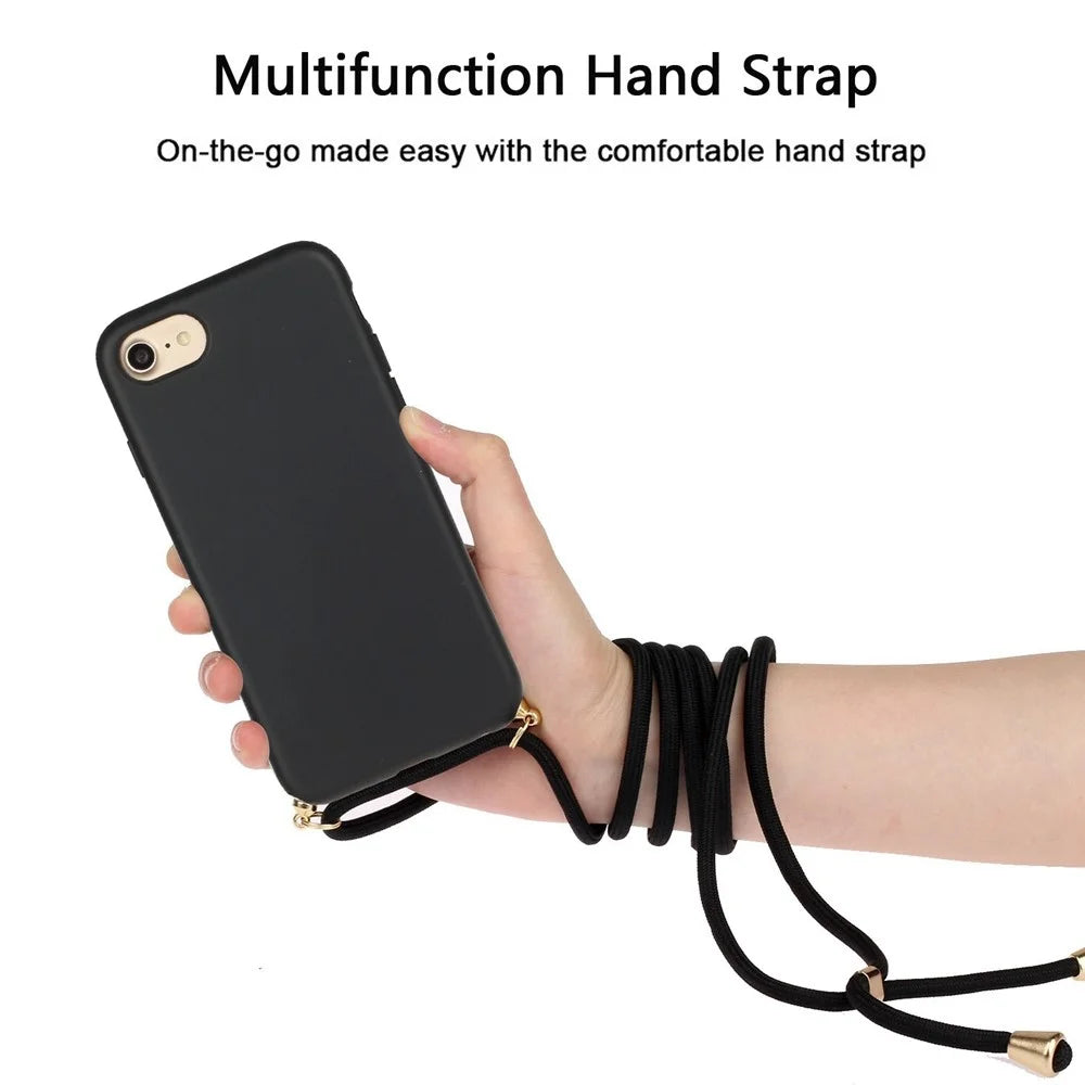 Soft Surface Phone Cover for iPhone 7 / 8 / SE (2020)/SE (2022) 4.7 inch, Wheat Straw + Flexible TPU Case with Lanyard Strap  - Black - 2