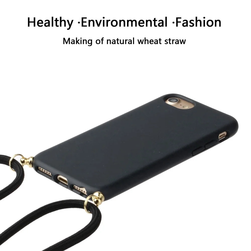 Soft Surface Phone Cover for iPhone 7 / 8 / SE (2020)/SE (2022) 4.7 inch, Wheat Straw + Flexible TPU Case with Lanyard Strap  - Black - 3