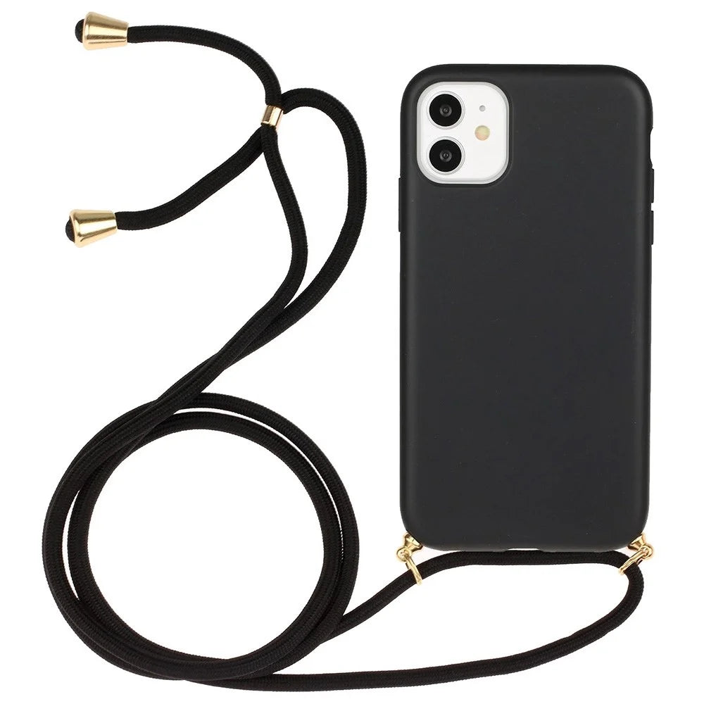 Wheat Straw Style Phone Case for iPhone 11 6.1 inch, Soft TPU Anti-Scratch Protective Shell with Strap - Black - 1