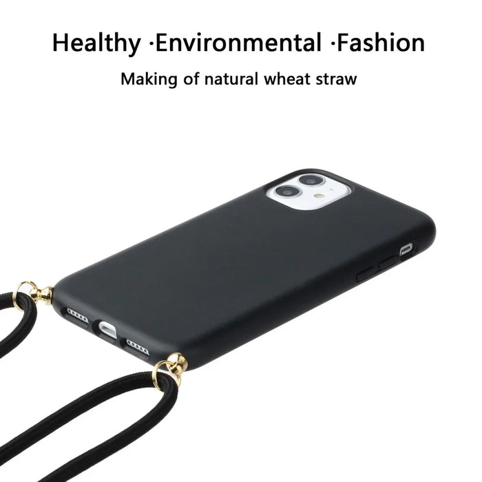 Wheat Straw Style Phone Case for iPhone 11 6.1 inch, Soft TPU Anti-Scratch Protective Shell with Strap - Black - 2