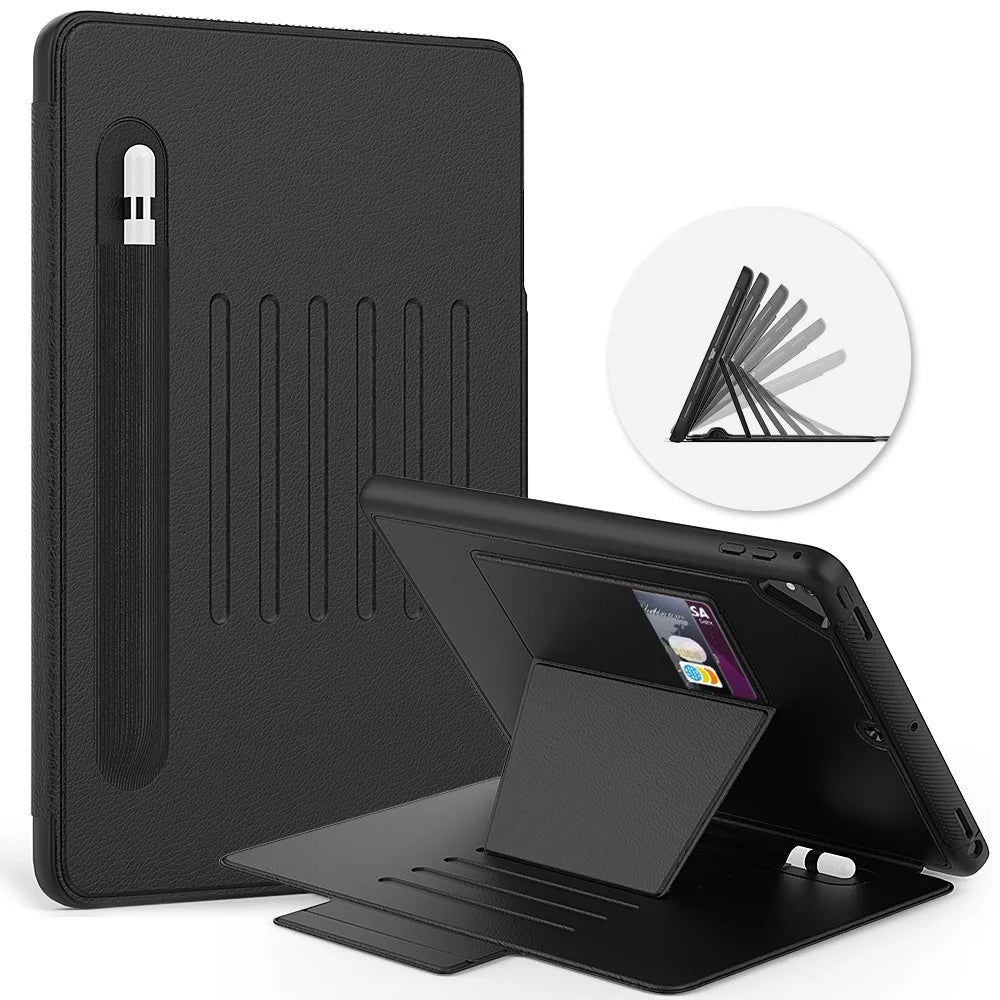 For iPad 9.7-inch (2018)/(2017) Magnetic Stand Card Holder PU Leather Tablet Case with Stylus Slot - Black - 1