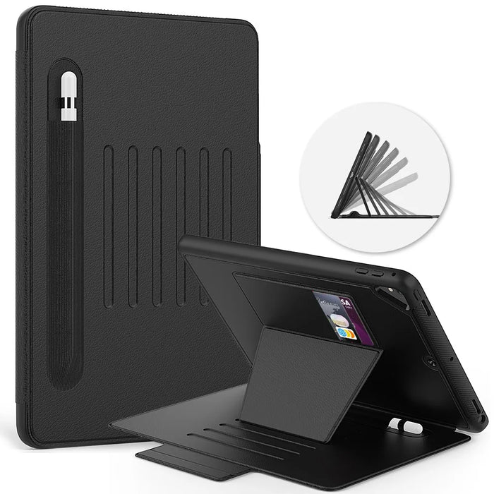 For iPad 9.7-inch (2018)/(2017) Magnetic Stand Card Holder PU Leather Tablet Case with Stylus Slot - Black - 1
