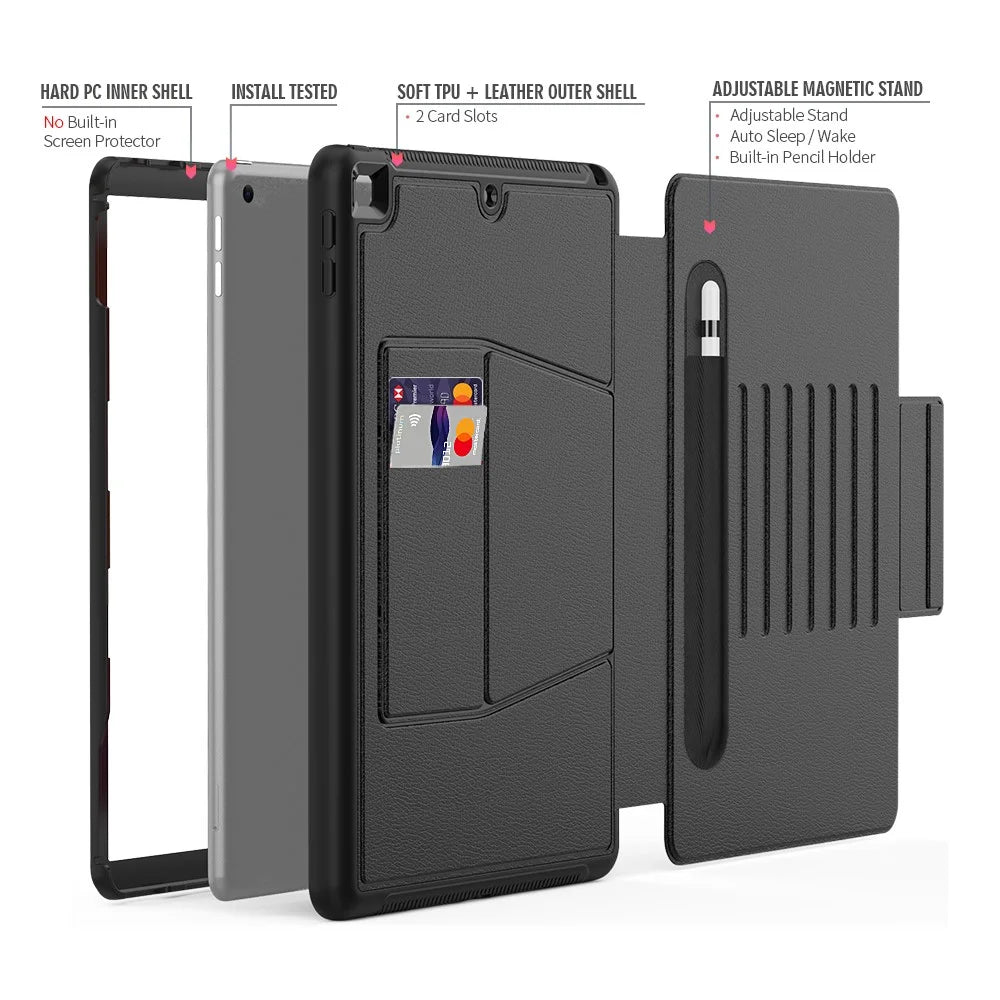 For iPad 10.2 (2020)/(2019) Multi-angle Stand Card Holder Leather Tablet Case Magnetic Closure Cover with Stylus Slot - Black - 3