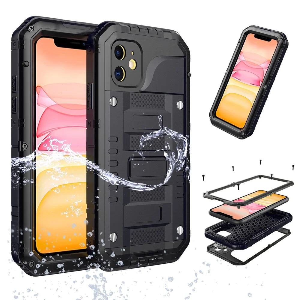 Waterproof PC+Metal+Tempered Glass Shell for iPhone 11 6.1 inch - Black - 1