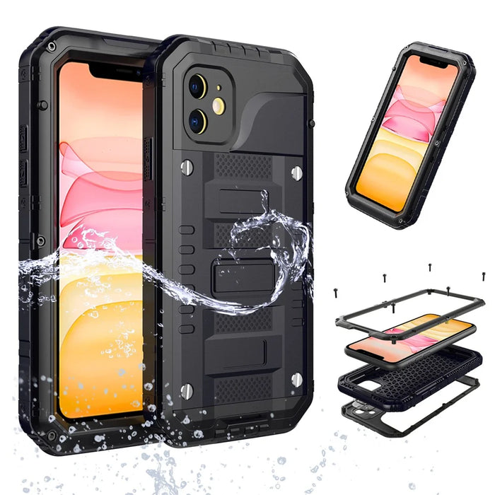 Waterproof PC+Metal+Tempered Glass Shell for iPhone 11 6.1 inch - Black - 1