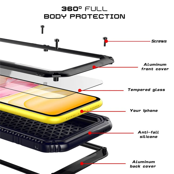 Waterproof PC+Metal+Tempered Glass Shell for iPhone 11 6.1 inch - Black - 7
