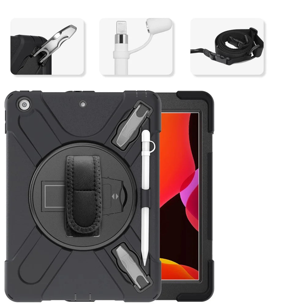 X-Shape PC + TPU Hybrid Case / Two Types Kickstand / Hand Strap and Shoulder Strap / Pen Slot for iPad 10.2 (2021)/(2020)/(2019) - Black - 1