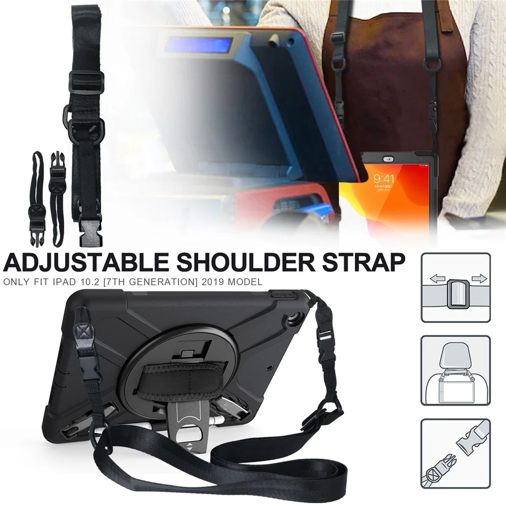 X-Shape PC + TPU Hybrid Case / Two Types Kickstand / Hand Strap and Shoulder Strap / Pen Slot for iPad 10.2 (2021)/(2020)/(2019) - Black - 3