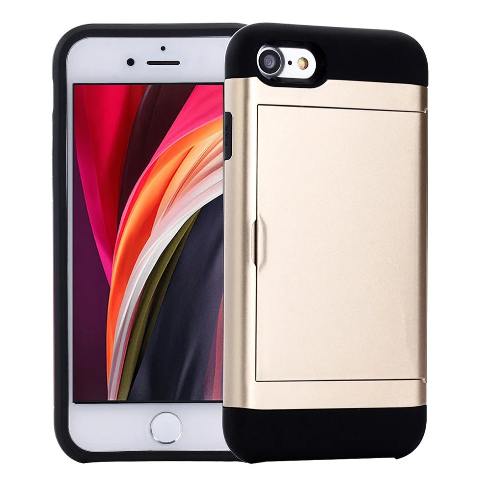 Slide Card Slot Plastic + TPU Hybrid Cover for iPhone SE (2020)/SE (2022)/7/8 4.7 inch - Gold - 1