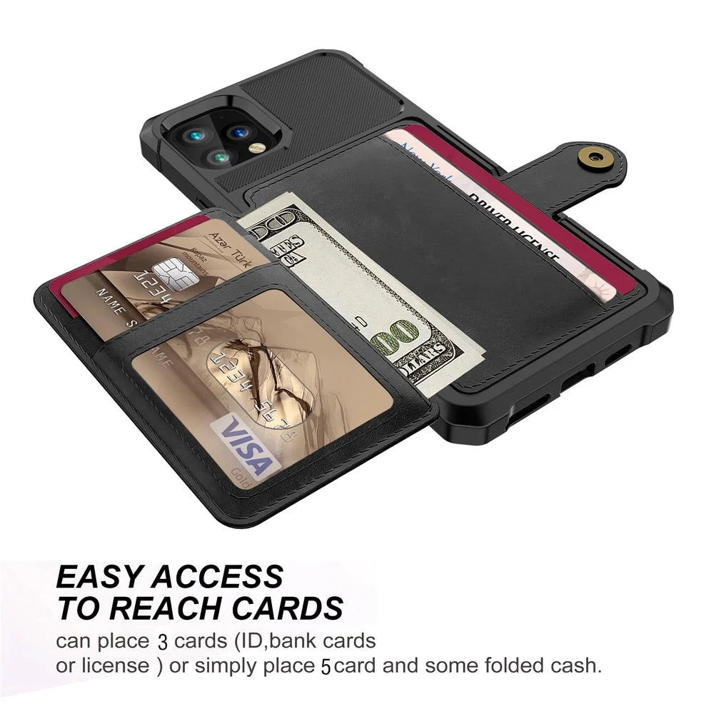 For iPhone 11 Pro Phone Cases with Card Holder Shockproof PU Leather Back Cover - Black - 5