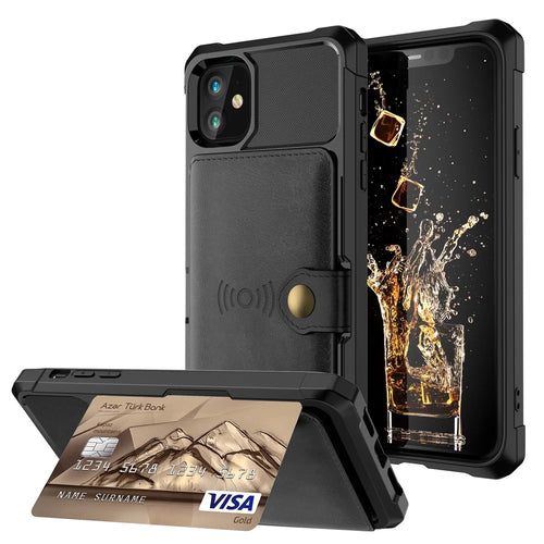 Wallet Kickstand Leather Coated TPU Case Built-in Magnetic Sheet for iPhone 11 6.1 inch - Black - 1