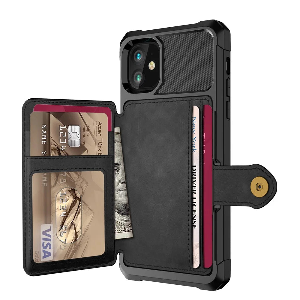 Wallet Kickstand Leather Coated TPU Case Built-in Magnetic Sheet for iPhone 11 6.1 inch - Black - 3