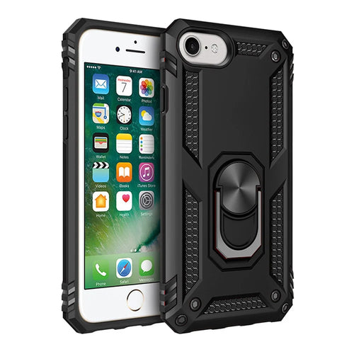 360° Rotatable Ring Kickstand Armor PC+TPU Hybrid Shell for iPhone SE (2022)/SE (2020)/8/7 - Black - 1