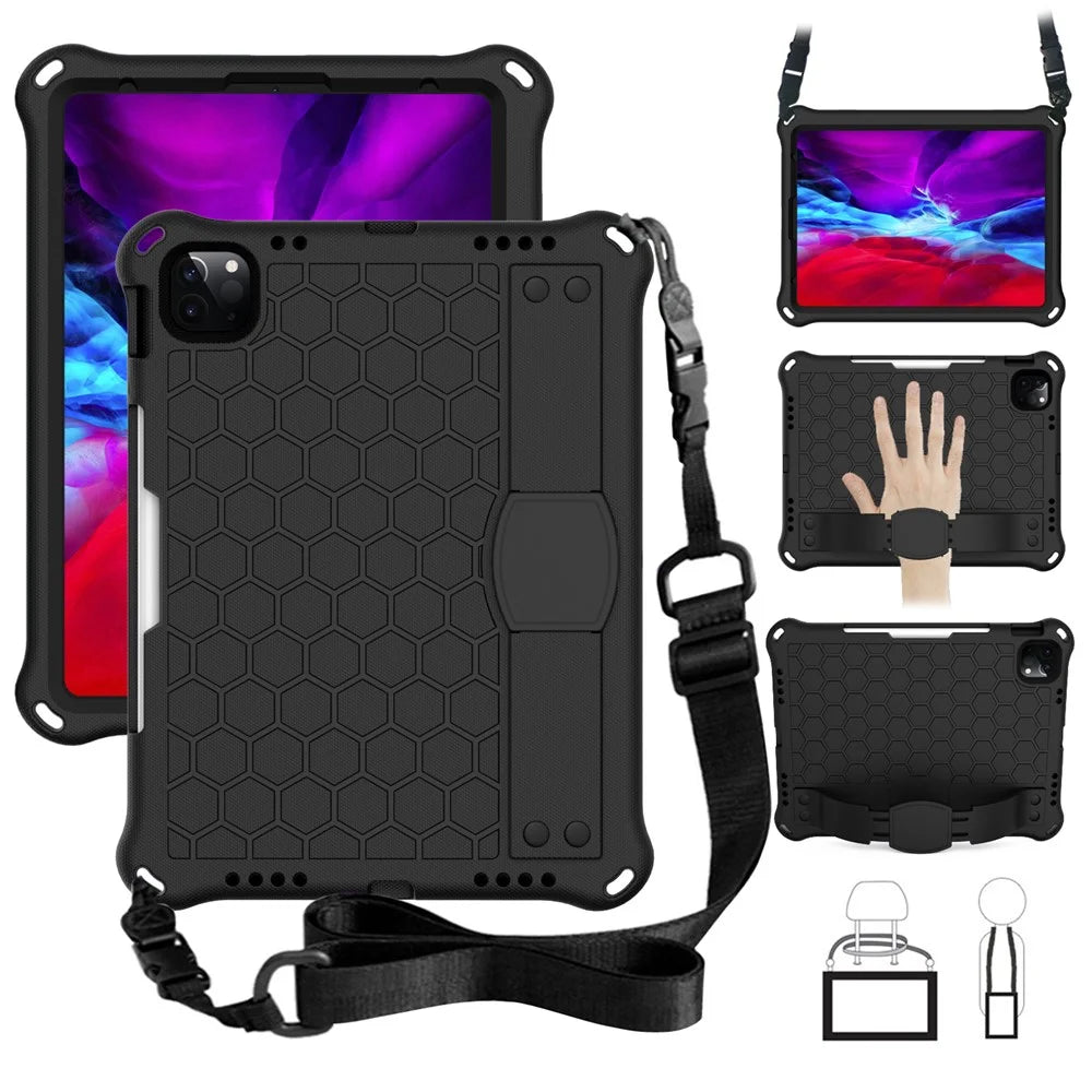 For iPad Pro 11-inch (2022) / (2021) / (2020) / (2018) Honeycomb Skin EVA Tablet Case with Shoulder Strap - Black - 1