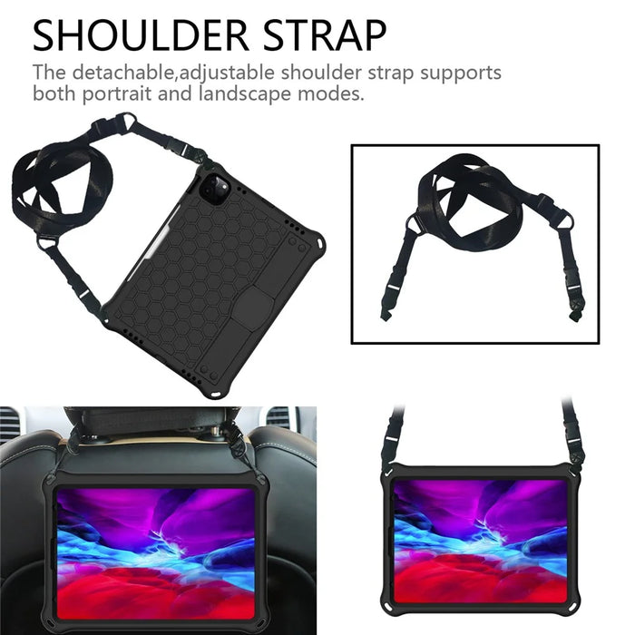 For iPad Pro 11-inch (2022) / (2021) / (2020) / (2018) Honeycomb Skin EVA Tablet Case with Shoulder Strap - Black - 2