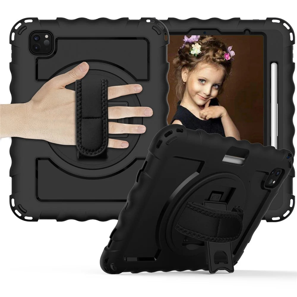 For iPad Pro 11-inch (2022) / (2021) / (2020) 360-degree Swivel Handy Strap Kickstand PC Silicone Tablet Shell with Shoulder Strap - All Black - 1