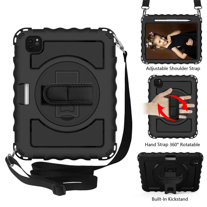 For iPad Pro 11-inch (2022) / (2021) / (2020) 360-degree Swivel Handy Strap Kickstand PC Silicone Tablet Shell with Shoulder Strap - All Black - 2