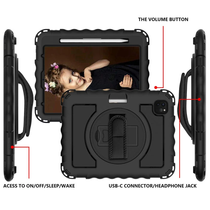 For iPad Pro 11-inch (2022) / (2021) / (2020) 360-degree Swivel Handy Strap Kickstand PC Silicone Tablet Shell with Shoulder Strap - All Black - 3