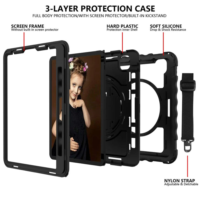 For iPad Pro 11-inch (2022) / (2021) / (2020) 360-degree Swivel Handy Strap Kickstand PC Silicone Tablet Shell with Shoulder Strap - All Black - 4