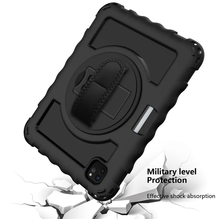 For iPad Pro 11-inch (2022) / (2021) / (2020) 360-degree Swivel Handy Strap Kickstand PC Silicone Tablet Shell with Shoulder Strap - All Black - 5