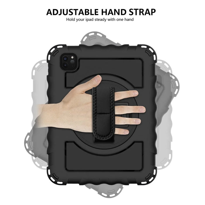 For iPad Pro 11-inch (2022) / (2021) / (2020) 360-degree Swivel Handy Strap Kickstand PC Silicone Tablet Shell with Shoulder Strap - All Black - 7