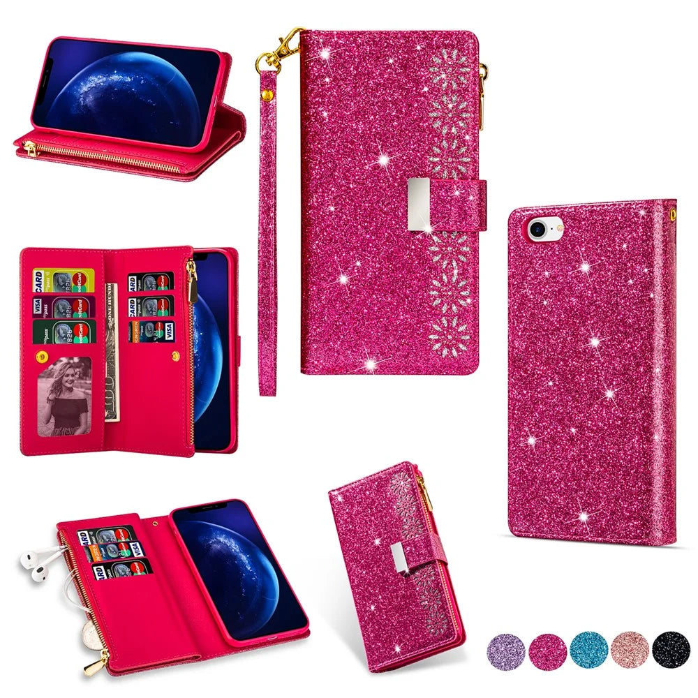 Glittery Starry Style Laser Carving Zipper Wallet Stand Leather Phone Shell for iPhone SE (2020)/SE (2022)/8/7 - Rose - 1