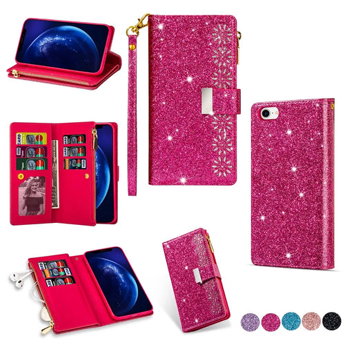Glittery Starry Style Laser Carving Zipper Wallet Stand Leather Phone Shell for iPhone SE (2020)/SE (2022)/8/7 - Rose - 1