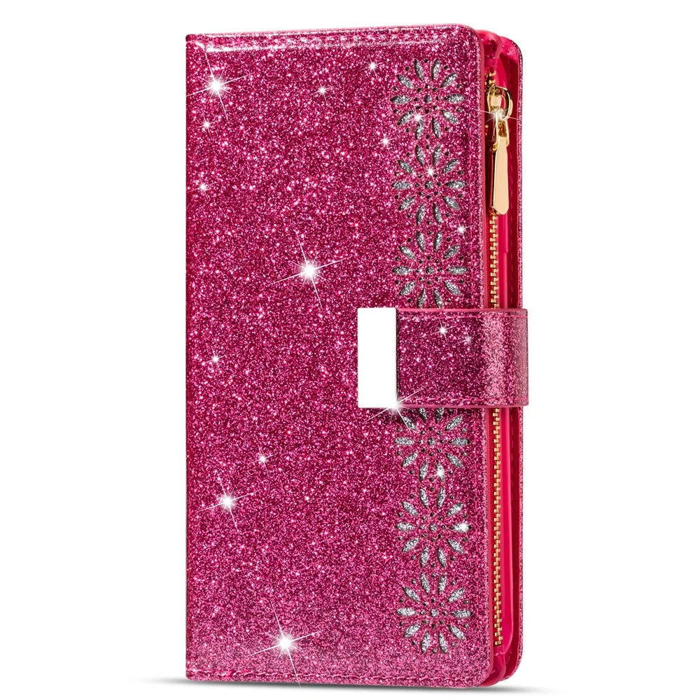 Glittery Starry Style Laser Carving Zipper Wallet Stand Leather Phone Shell for iPhone SE (2020)/SE (2022)/8/7 - Rose - 2