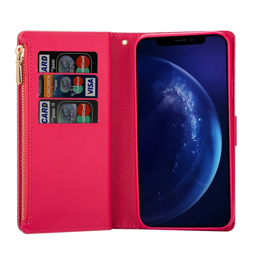 Glittery Starry Style Laser Carving Zipper Wallet Stand Leather Phone Shell for iPhone SE (2020)/SE (2022)/8/7 - Rose - 6