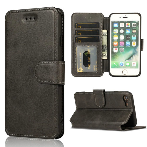PU Leather + TPU Wallet Stand Phone Cover for iPhone SE (2020)/SE (2022)/8/7 - Black - 1