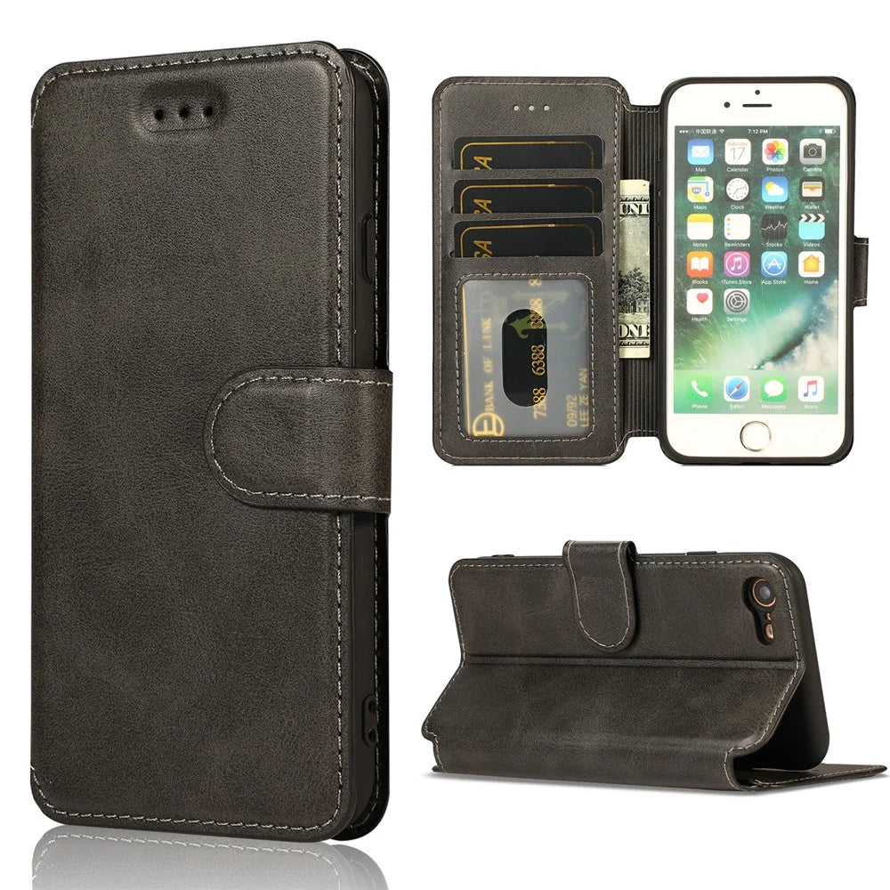 PU Leather + TPU Wallet Stand Phone Cover for iPhone SE (2020)/SE (2022)/8/7 - Black - 1