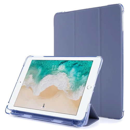 For iPad 9.7-inch (2018) Shockproof Anti-Scratch Cover Tri-Fold Stand Leather Tablet Case with Pen Slot - Purple - 1