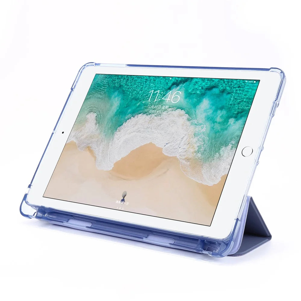 For iPad 9.7-inch (2018) Shockproof Anti-Scratch Cover Tri-Fold Stand Leather Tablet Case with Pen Slot - Purple - 4
